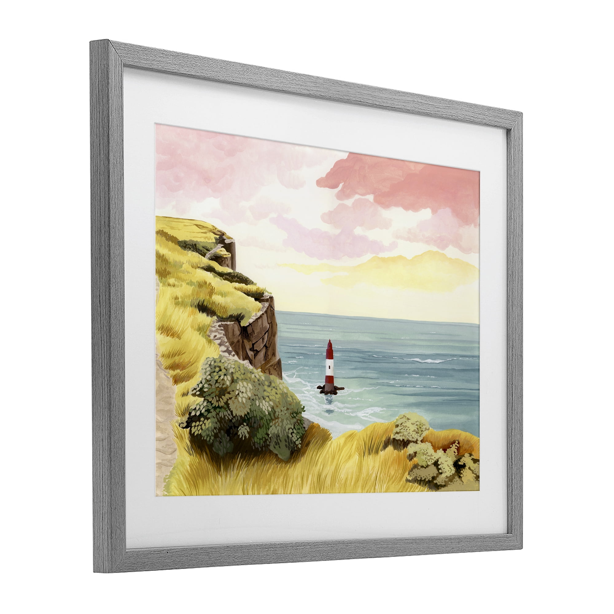 Beachy Head Lone Lighthouse Gray Framed Print Under Glass, design by Courtney Haley