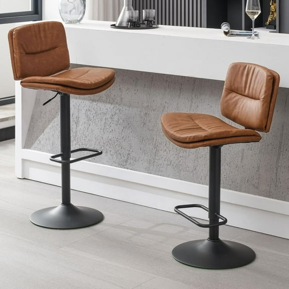 FIRAVOE Bar Stools with Back Sets of 2, Adjustable Swivel Counter Height Bar Stools (Double-Layer Upholstered), Modern PU Leather Bar Chair for Kitchen Island, Brown
