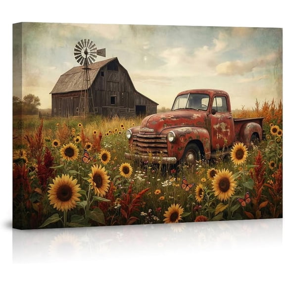 Rustic Vintage Truck Wall Art Canvas Prints Sunflower Field and Old Barn Scene Poster Artwork Farmhouse Decor for Bedroom Living Room--