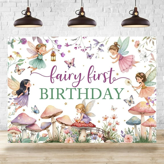 7x5FT Fairy 1st Birthday Backdrop for Girls Fairy Tale Mushroom Flowers Tea Wonderland Princess Photography Background First Birthday Party Decorations Banner Supplies Photo Booth Props