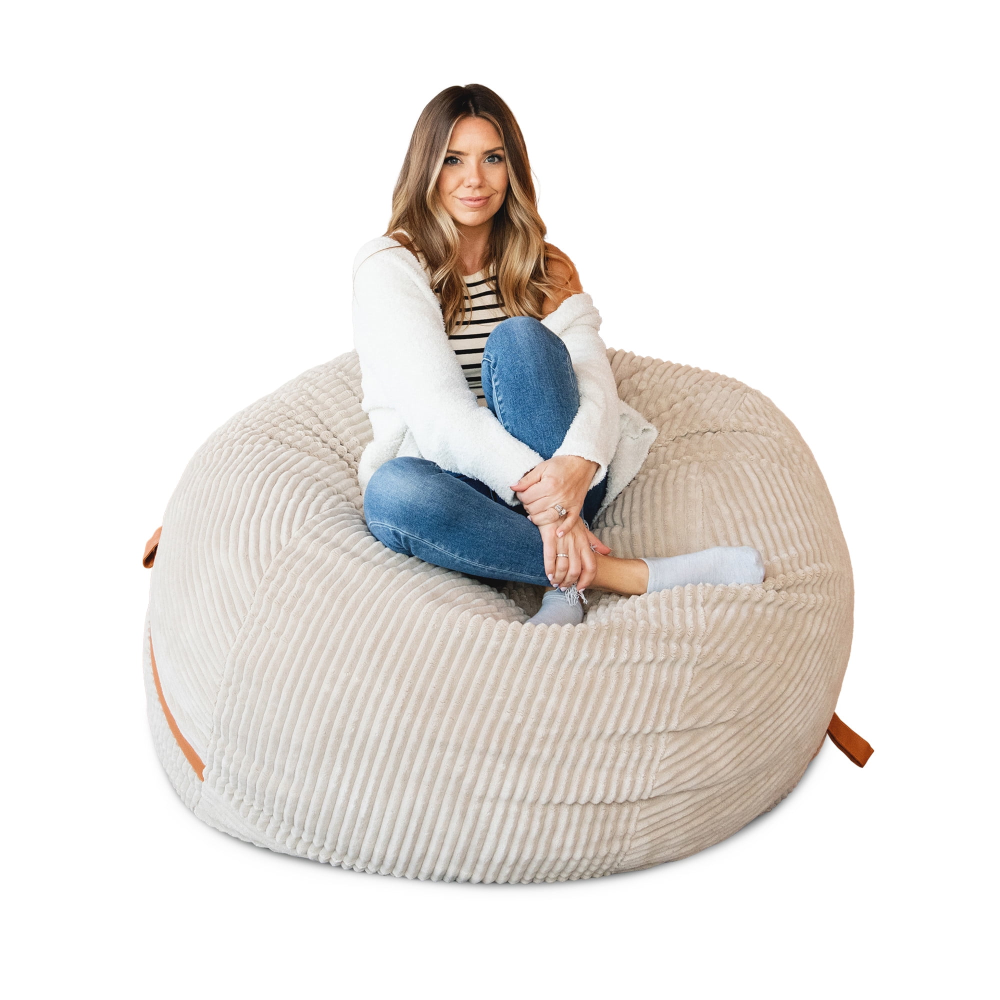 Big Joe Fuf 5Ft Oversized Foam Bean Bag Chair for Kids, Teens, Adults, Vanilla Latte, Corded Plush, 5 foot Large Reading and Gaming Seat