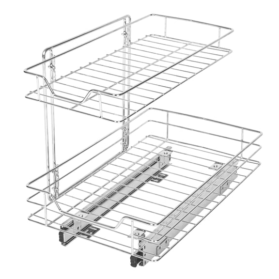 Smart Design 2-Tier Shelf Pull-Out Cabinet Organizer - Medium - Roll-Out Extendable Sliding Drawer - Steel Metal - Holds 100 lbs. - Cabinets, Cookware, Bakeware Items - Kitchen - 14 x 18-32 - Chrome