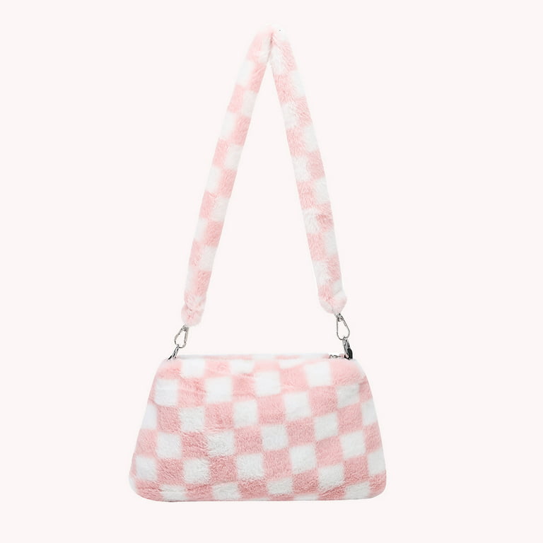 CHAMAIR Women Winter Plush Shoulder Bag Cute Print Underarm Bags (Pink  Checkered) 