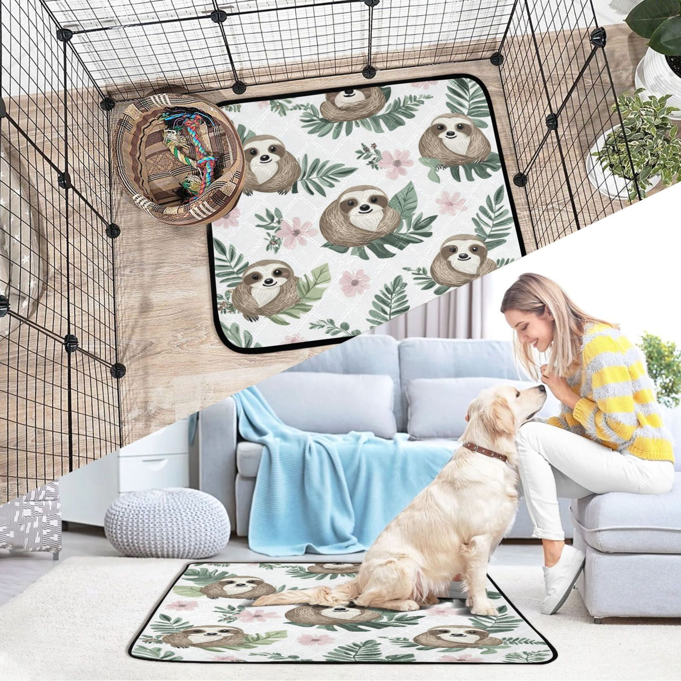 Qxltty Cute Cartoon Sloth Pattern with Tropical Leaves Cat litter Pads Pet Set of 2 Diaper Mats Center Anti-leakage Layer Absorbent Soft and Comfortable