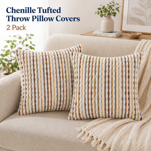 MORAVE Set of 2 Boho Chenille Pillow Covers, Tufted Decorative Pillowcases, 18x18 Inch Brown for Couch Bed Sofa Living Room