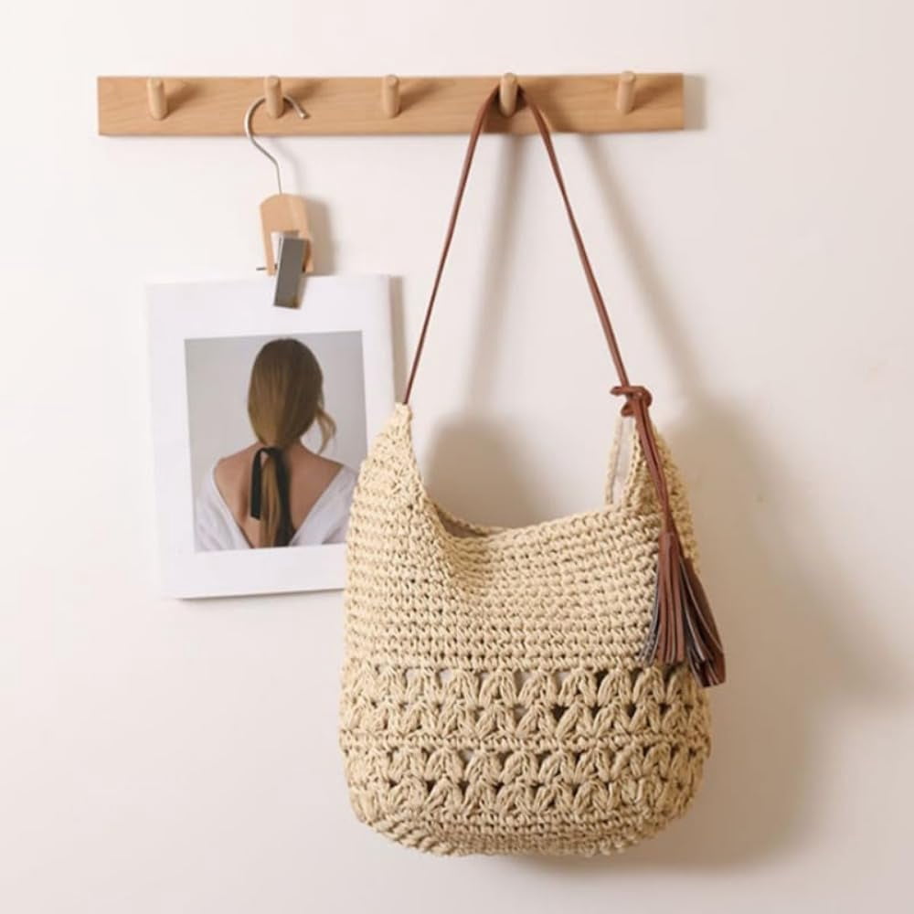 Women's Straw Woven Tote Bags Boho Handmade Crochet Wicker Hobo Shoulder Purse Summer Beach Travel Vacation Handbags
