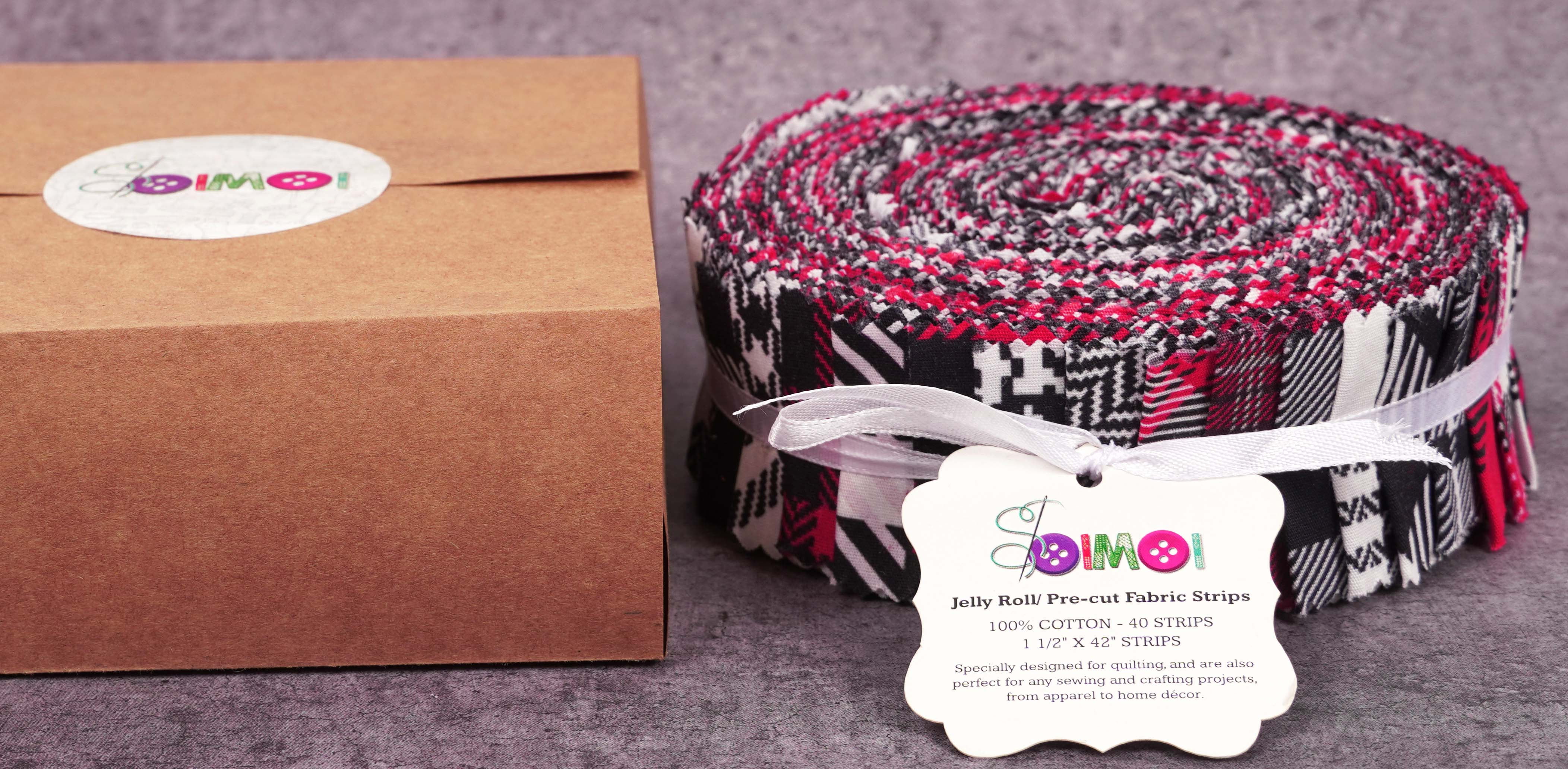 Soimoi 40Pcs Check & Tartan Print Precut Fabrics Strips Roll Up 1.5x42inches Cotton Jelly Rolls For Quilting - Magenta & Black