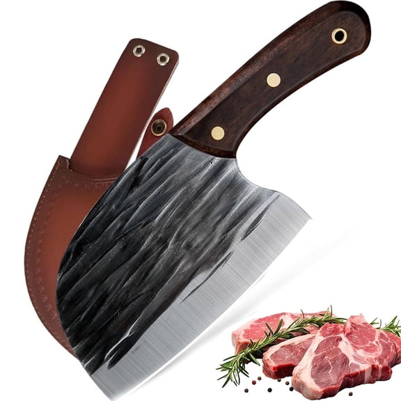 MYVIT 6.5" Meat Knife High Carbon Steel Serbian Knife Heavy Duty Cutting Cleaver Knife KItchen Butcher with Leather Sheath,for Restaurant Outdoor BBQ