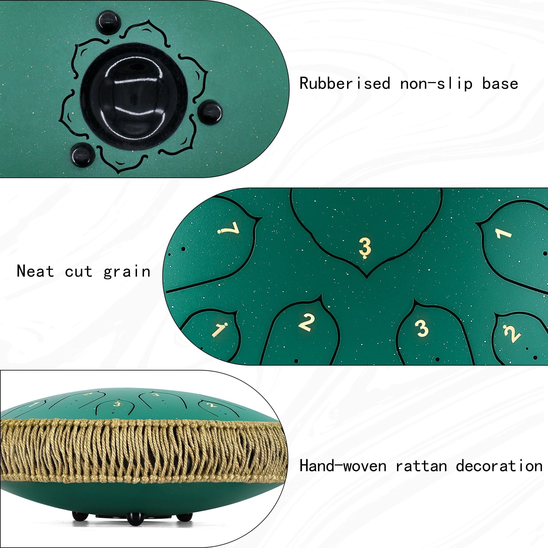 Steel Tongue Drum-14" 15 Note Tongue Pan Drums for Adults, D Major, Carry Bag, Green