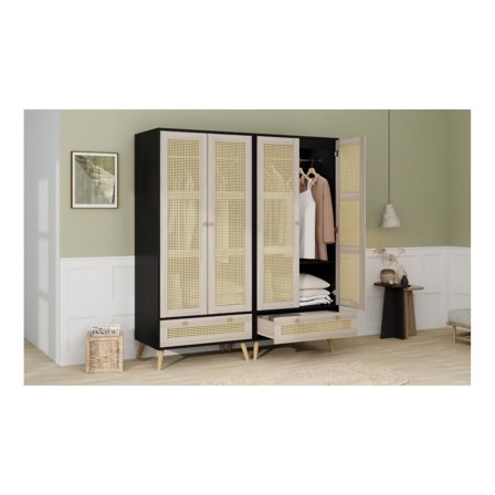 70.8" Tall Armoire Wardrobe Closet with 2 Rattan Doors, 1 Drawer, Hanging Rod, Natural Black