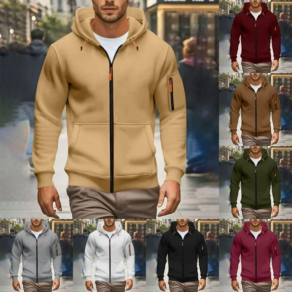 qolati Zip Up Hoodies For Men Fall Winter Casual Hooded Sweatshirt Fashion Fleece Lined Workout Jackets with Pockets Brown XL