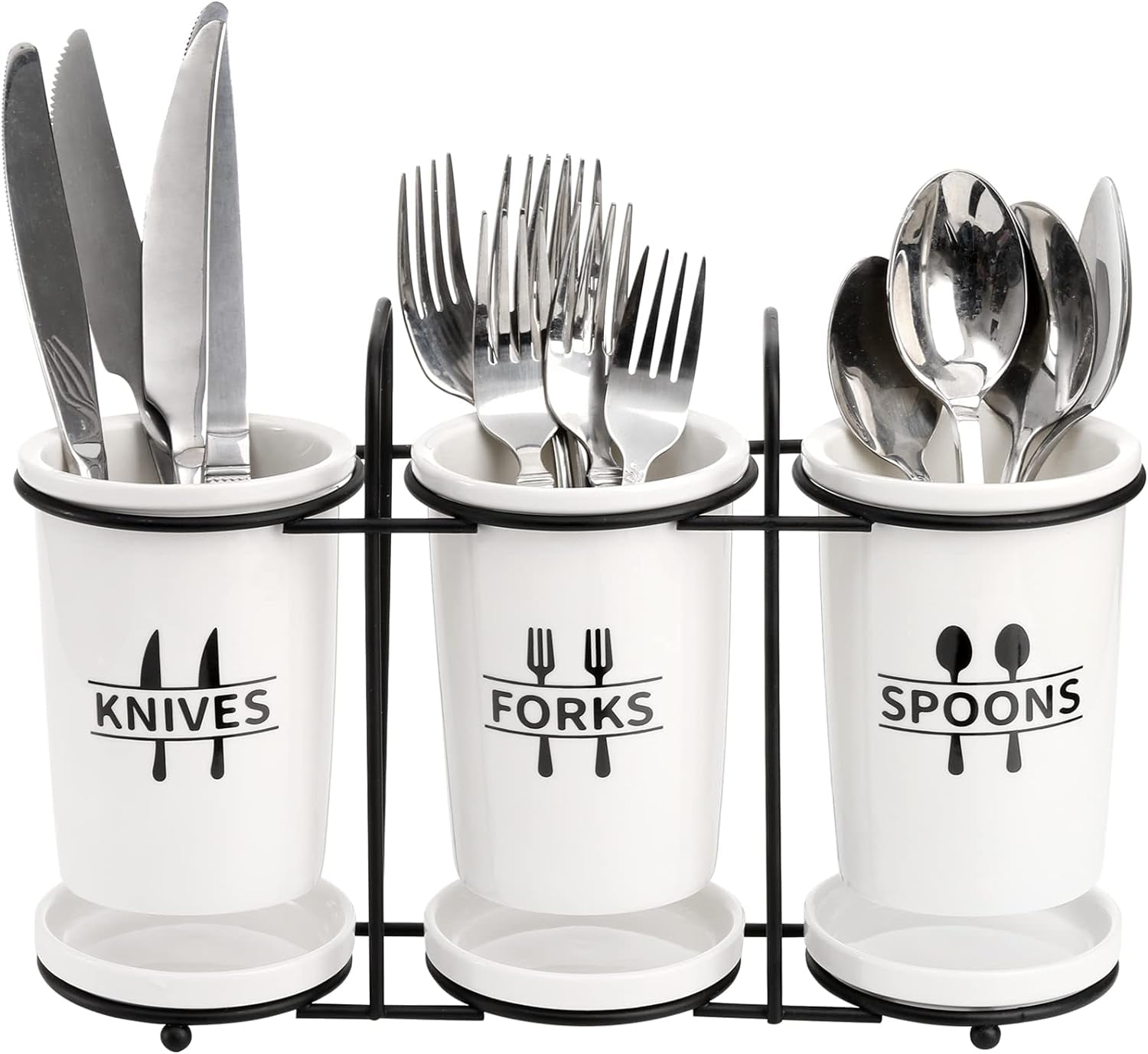 Flatware Holder, 3-Piece Silverware Utensil Holder Ceramic Flatware Caddy with Metal Rack, Flatware Caddy White Ceramic Cutlery Organizer for Forks, Spoons, Knives$$Home Decor, Kitchen, & Other