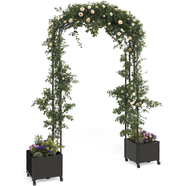 Garden arch trellis con planter box heavy-duty metal arbor para climbing flowers wedding arch backdrop decorated con flowers balloons y lights para outdoor parties (47.2 in span)