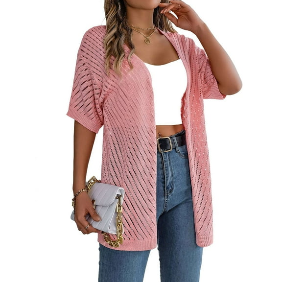 Summer Cardigan Women'S Short Sleeve V Neck Crochet Loose Front Open Hollow Cover Up Pink S