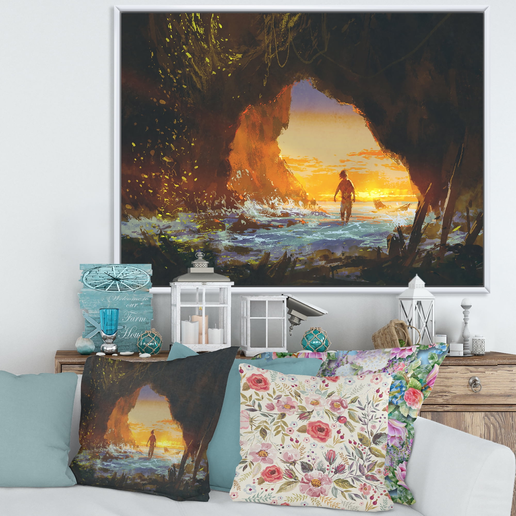 Designart 'The Sea Cave At Sunset With The Man Walking In' Nautical & Coastal Framed Canvas Wall Art Print