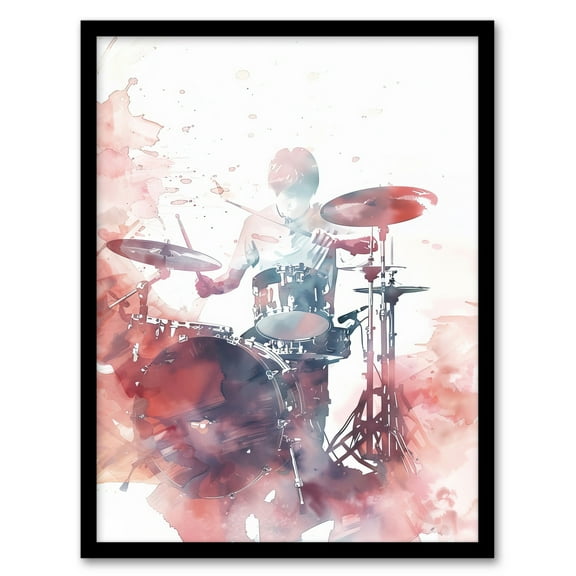 Artery8 Drummer Playing Drums Set Modern Watercolour Red Living Room Art Print Framed Poster Wall Decor 12x16 inch