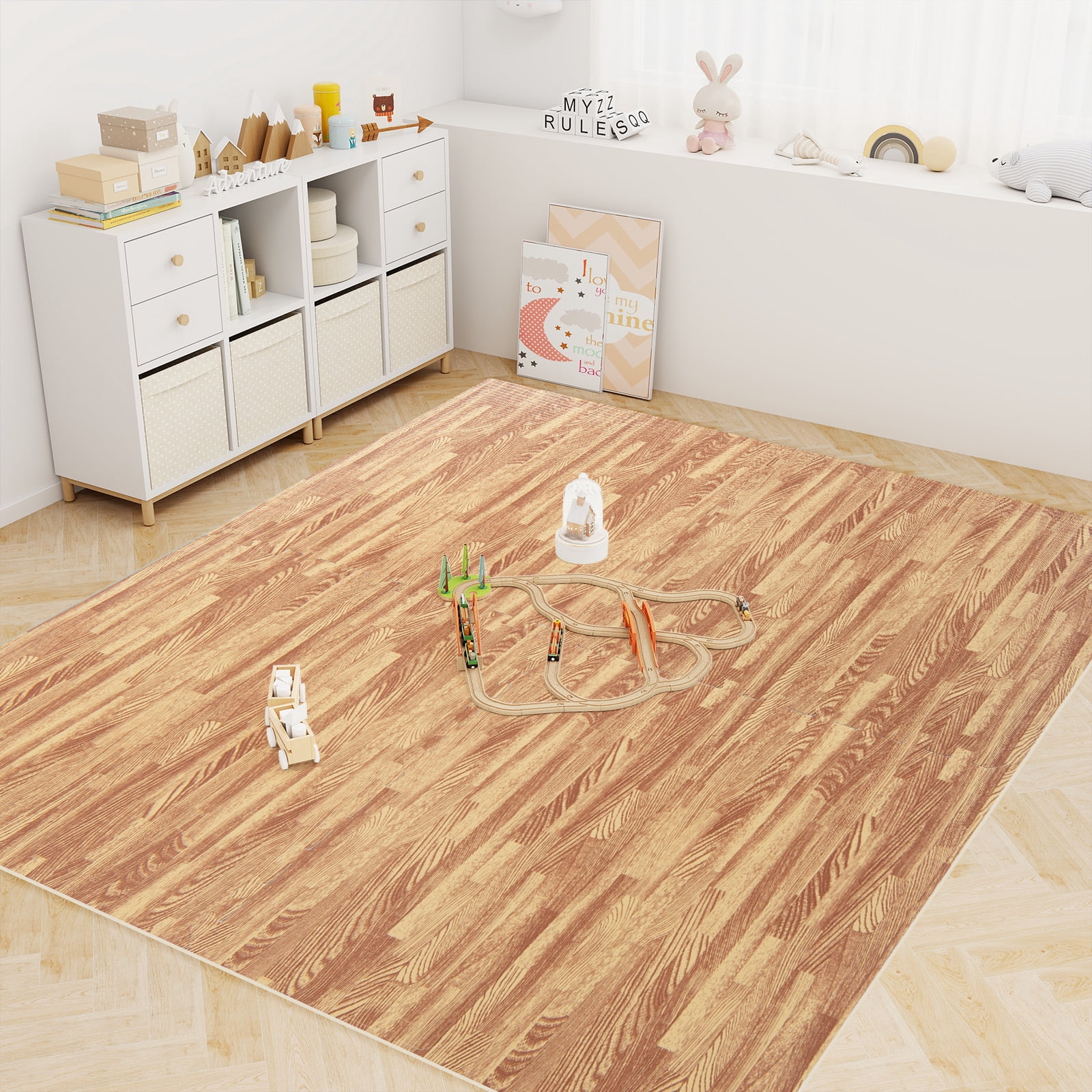Gymax 25 Tiles Wood Grain EVA Foam Floor Mats Interlocking w/ Borders 24'' Natural