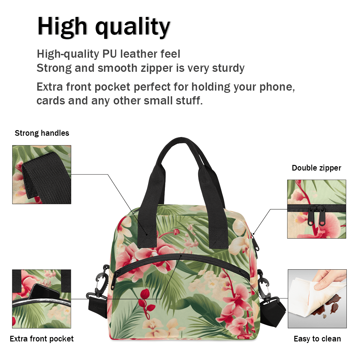 Herdesigns Tropical Leaf Palm Leaves Floral Insulated Lunch Bag for Women Men Adults Large Reusable Lunch Box Leakproof Portable Cooler Tote Bags with Adjustable Shoulder Strap