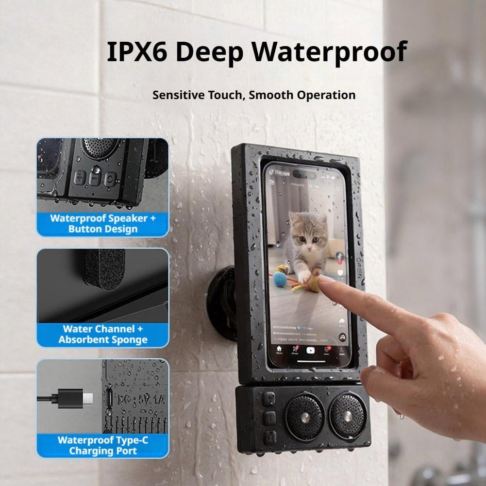 Shower Phone Holder with Bluetooth Speaker, IPX6 Waterproof Wall Mount Case, Rotatable Touchscreen Stand for Bathroom Kitchen, Gifts for Mom Dad Graduation