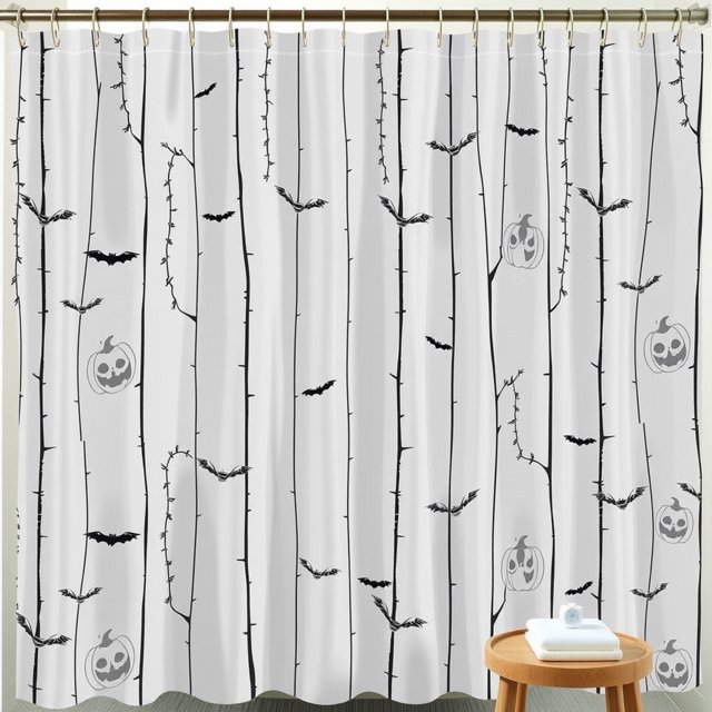 Halloween Shower Curtain - Spooky Forest Design with Bats -Lanterns - Black & Gray