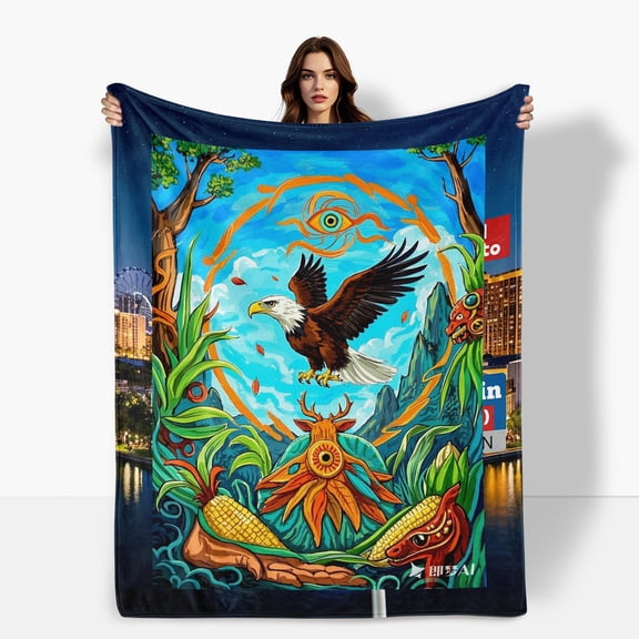 Eagle Blue Corn Eye Pattern Flannel Blanket Soft Warm Comfortable For Sofa Bed Travel Camping Living Room Office Chair Polyester Fiber Gift For Family Or Friends