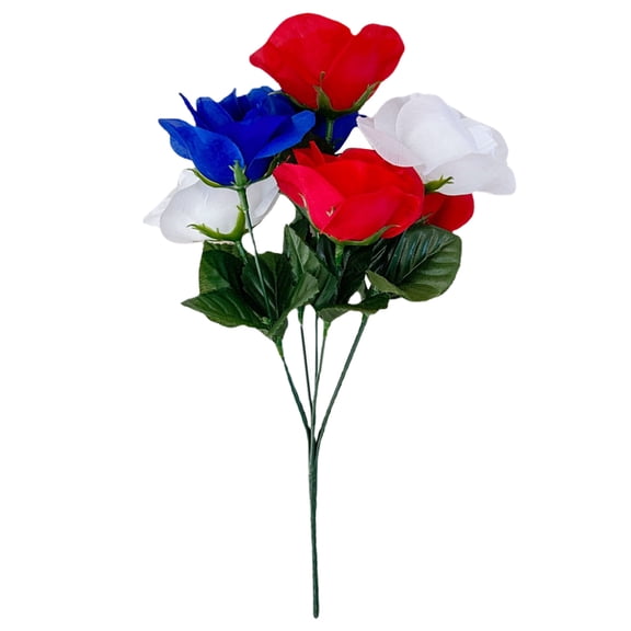 Patriotic Red White and Blue Artificial Flowers Bouquet, 13 Inch 7 Heads Faux Rose for 4th of July Decor, Home Table Centerpieces, Memorial Grave Cemetery Decorations