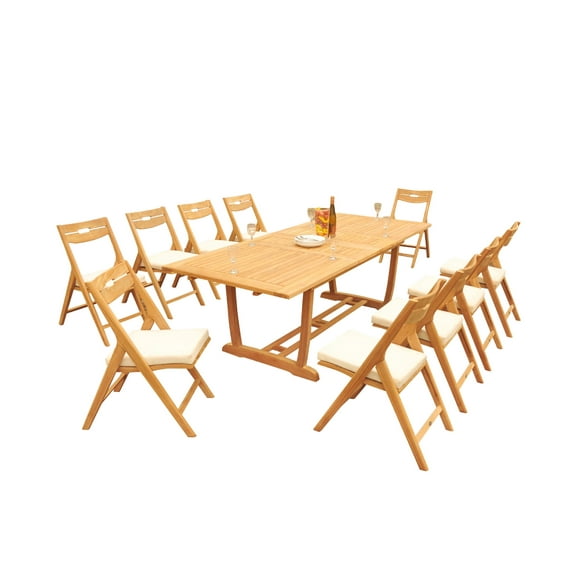 Grade-A Teak Dining Set: 10 Seater 11 Pc: 94" Mas Rectangle Trestle Leg Table And 10 Surfliner Folding Reclining Arm Chairs WholesaleTeak #51SL2111