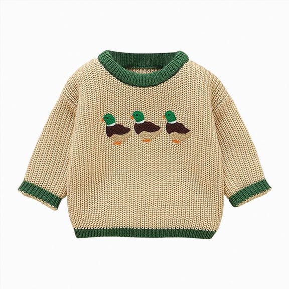 YDFCWXW Toddler Baby Boy Girl Hunt Outfit, Mallard Duck Knit Sweater Long Sleeve Knitted Sweatshirt, Warm Fall Winter Clothes for Outdoor (Khaki, 4-5 Years)
