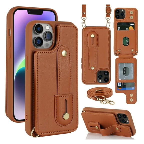 ELEHOLD iPhone 14 Pro Max Wallet Case, Flip Card Slots Magnetic Button Kickstand Function Non-Slip Wristband Crossbody Shoulder Strap for iPhone 14 Pro Max 6.7" Fashion Leather Case,Brown