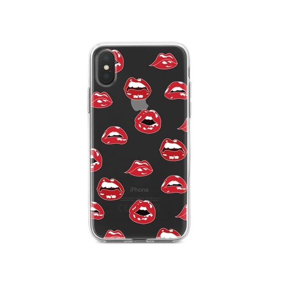 DistinctInk Clear Shockproof Hybrid Case for iPhone XR (6.1" Screen) - TPU Bumper, Acrylic Back, Tempered Glass Screen Protector - Red Lips
