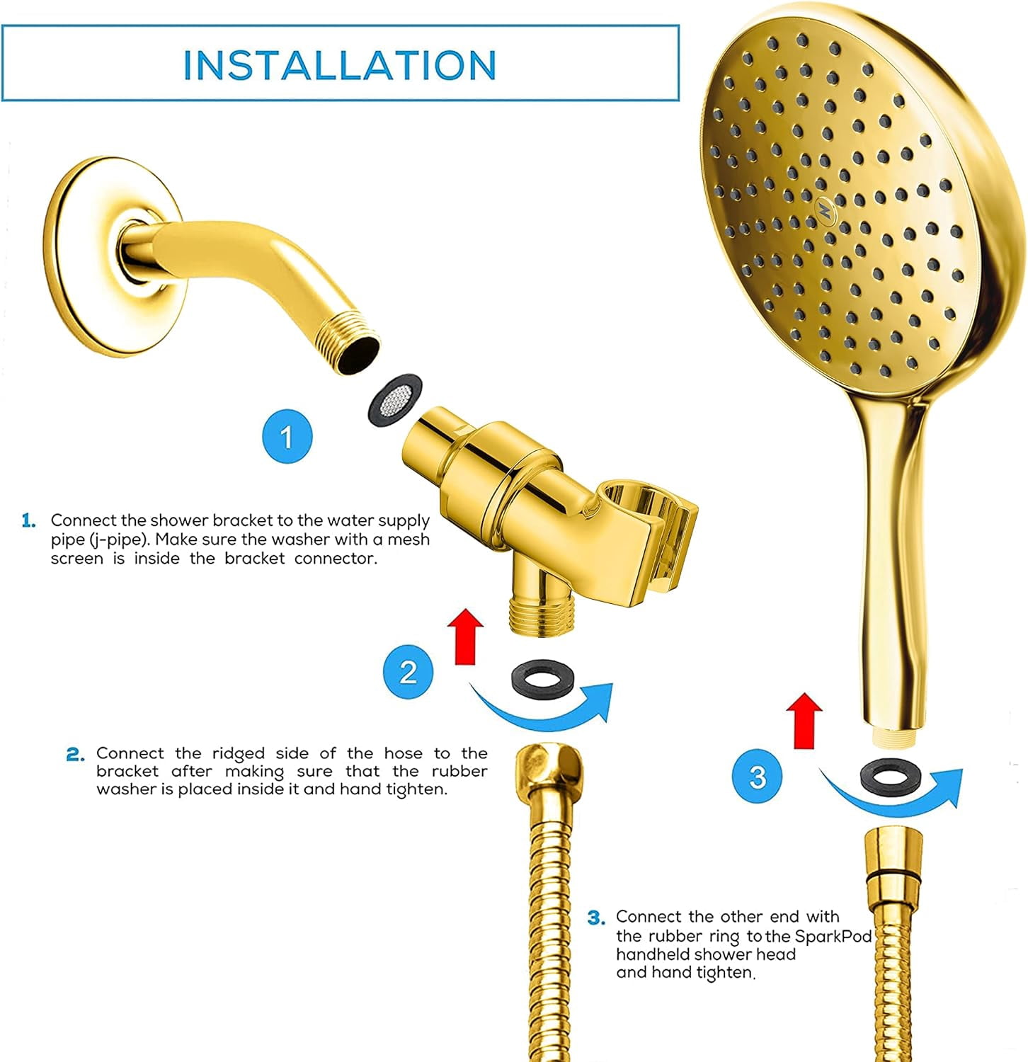 SparkPod Rainfall Shower Head with Handheld - 6-Inch Head, 6ft Hose, Adjustable Bracket (Egyptian Gold)