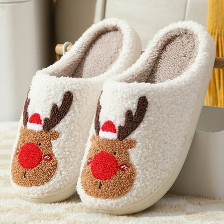 

QWZNDZGR Cute Winter Slippers For Men Women House Plush Slides Bedroom Furry Winter Shoes Christmas Gift Family Couple Xmas Party Shoes