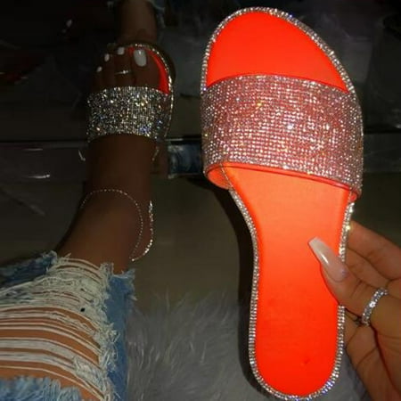 

ZXHACSJ Women s Sandals Crystal Roman Flats Slippers Casual Beach Indoor&Outdoor Shoes Orange 39
