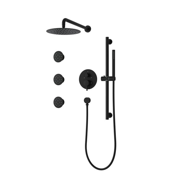 ANGELES HOME 10" Wall Mounted Shower Faucet Set, 3-function Diverter Shower System, Shower System with 3 Body Spray Jets, Rainfall Shower Fixtures with Shower Valve and Trim Kit, Matte Black