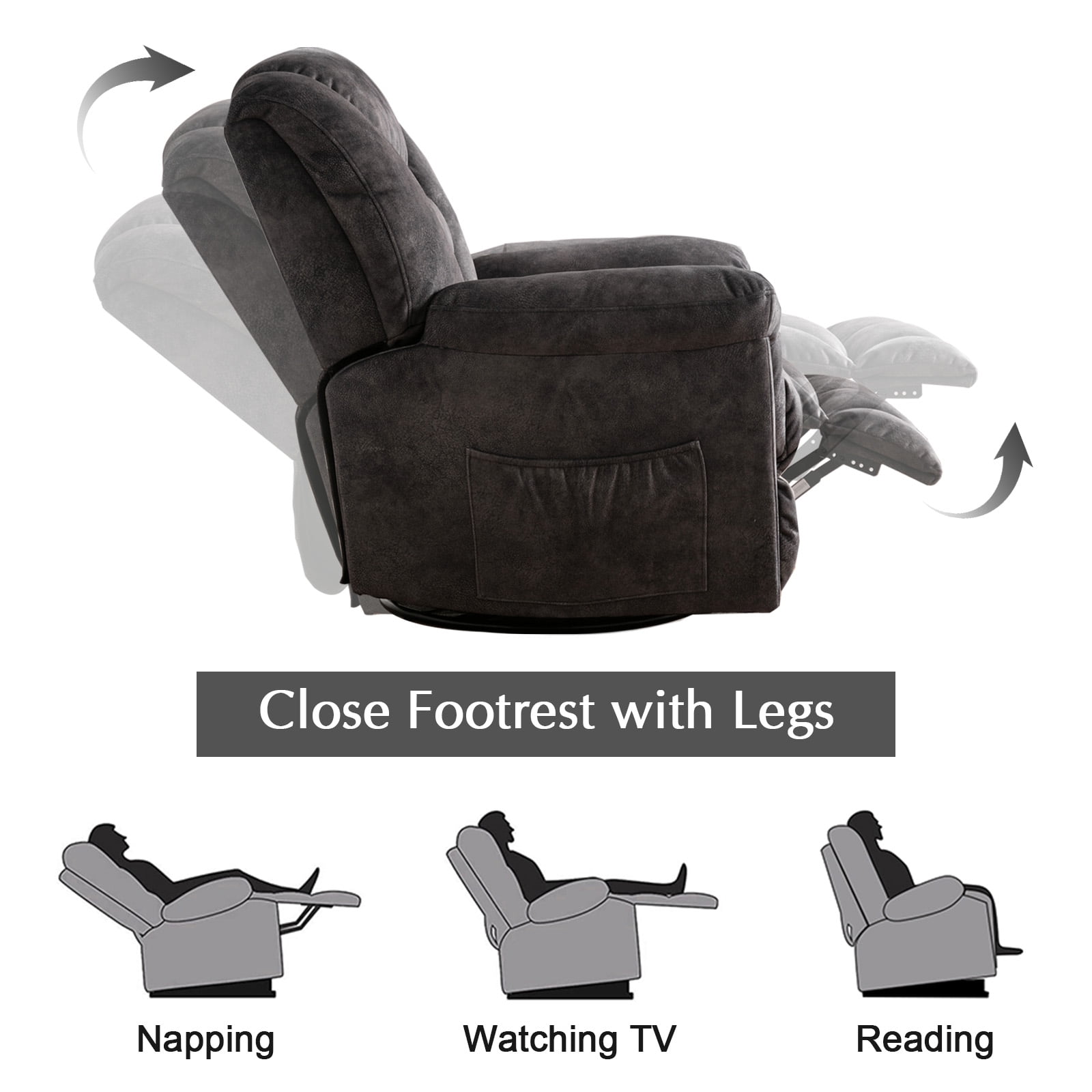 Bonzy Home Swivel Recliner Chair Manual Rocker Reclining Sofa Chair Living Room Seating Furniture Gray