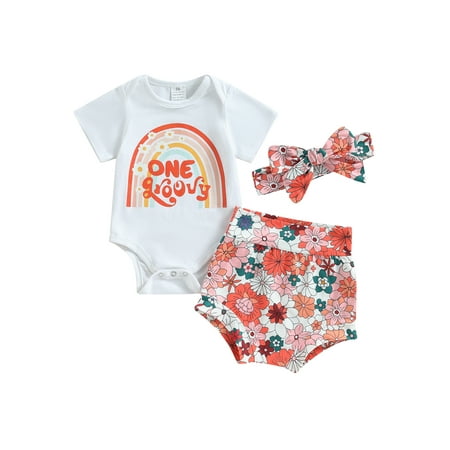 

Coduop 3pcs Newborn Baby Girls Shorts Set Cotton Short Sleeve Romper Jumpsuit Pants Shorts+Headband