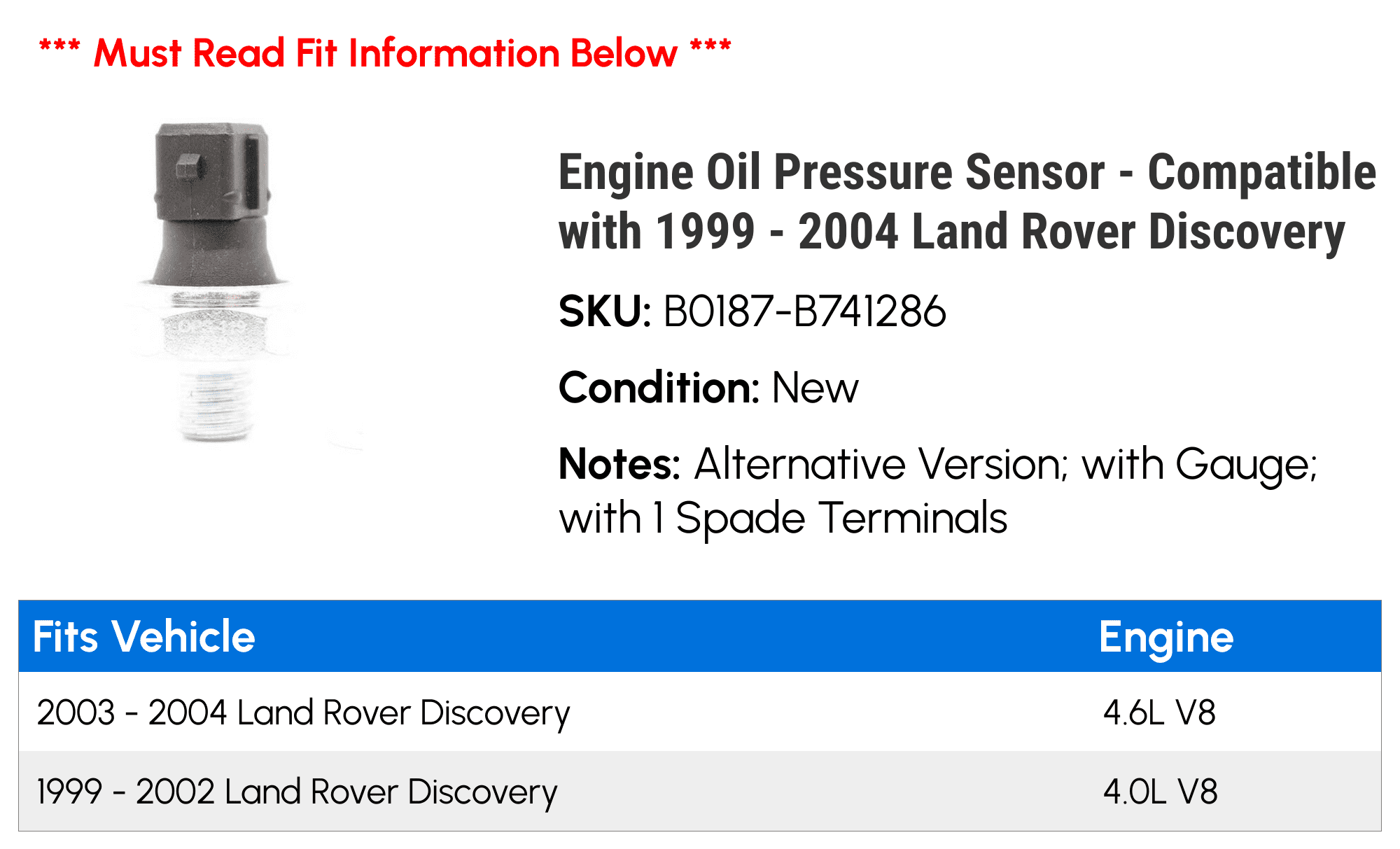 Engine Oil Pressure Sensor - Compatible with 1999 - 2004 Land Rover Discovery 2000 2001 2002 2003