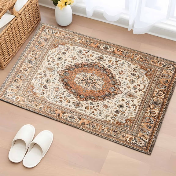 Burnt Orange Boho Bathroom Rug Washable 2x3 Entryway Rug Non Slip Vintage Ethnic Geometric Southwestern Front Door Mat Low Pile Indoor Doormat Throw Floor Carpet for Kitchen Bedroom Entrance