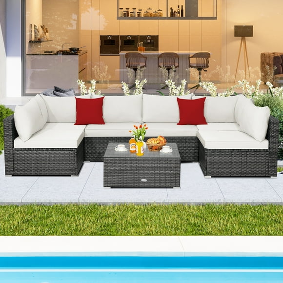 Costway 7PCS Patio Rattan Furniture Set Sectional Sofa Cushioned Off White