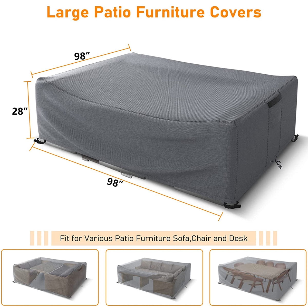 Patio Sofa Cover - Waterproof Furniture Cover for Outdoor, All-Weather Sofa Protector for Garden, Deck and Balcony, Gray