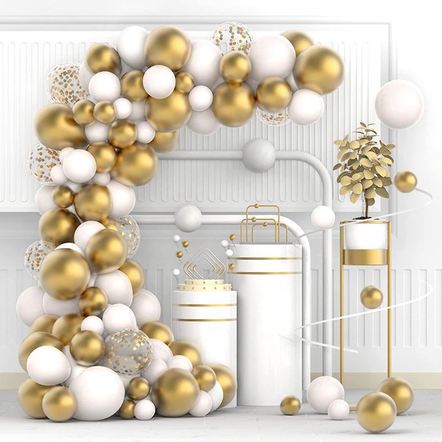 Adorno Y Decoración Kit De Guirnalda De Globos De Oro Blanco, 100 Piezas De Arco De Globo De Confeti De Cromo Metálico Y Oro Blanco con Cinta De Globo para Boda, Cumpleaños