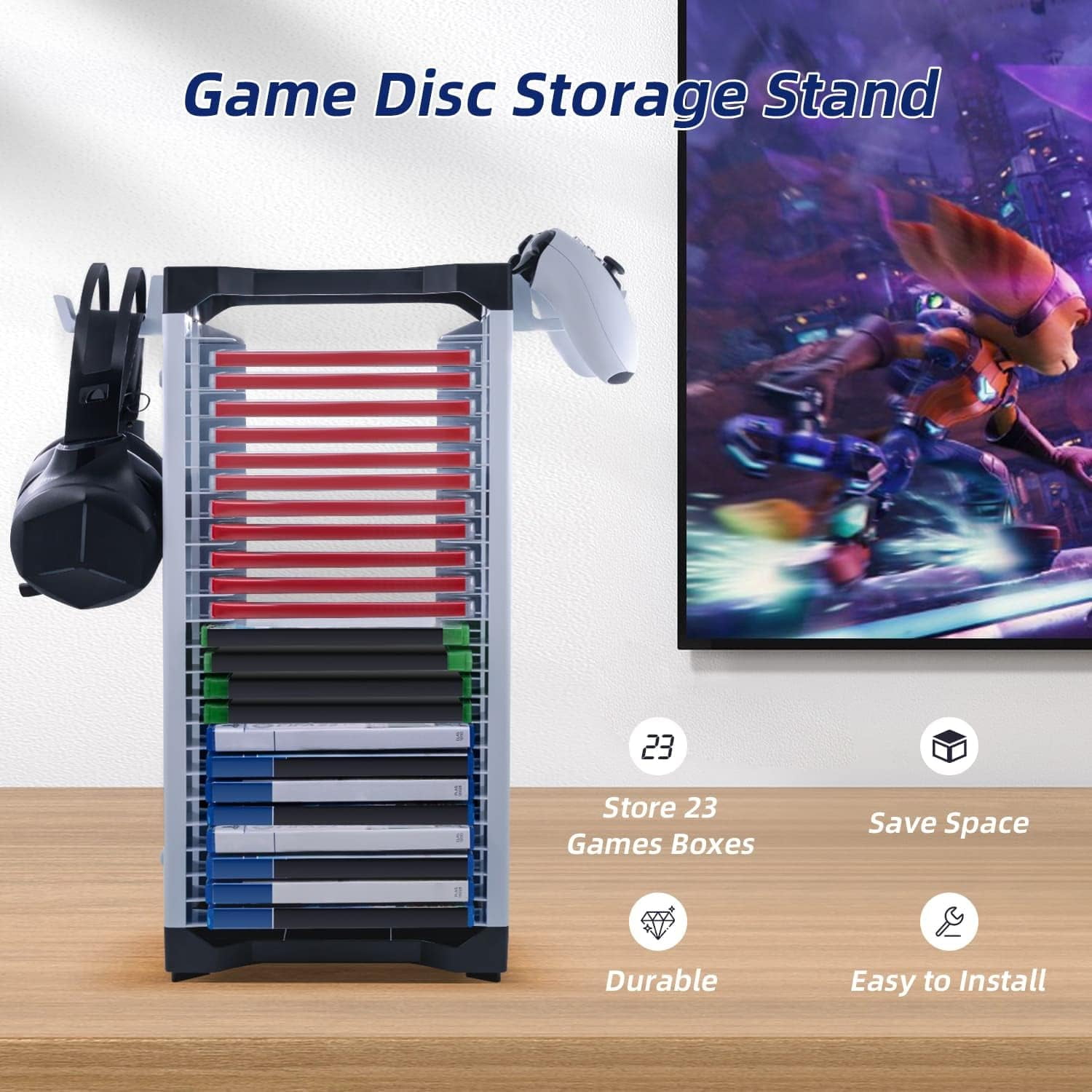 Game Disk Tower Storage Rack,Video Game Storage Stand Tower for PS5/PS4/NS Switch/Xbox, Video Game Disk Storage & Controller Headset Holder Kit, Vertical Stand Organizer Tower