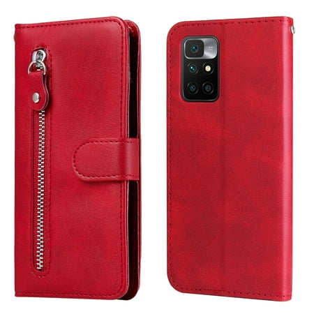 Case for Xiaomi Redmi 10 4G/10 Prime Zipper Pocket Wallet Leather Case Magnetic Closure Flip Cover - Red