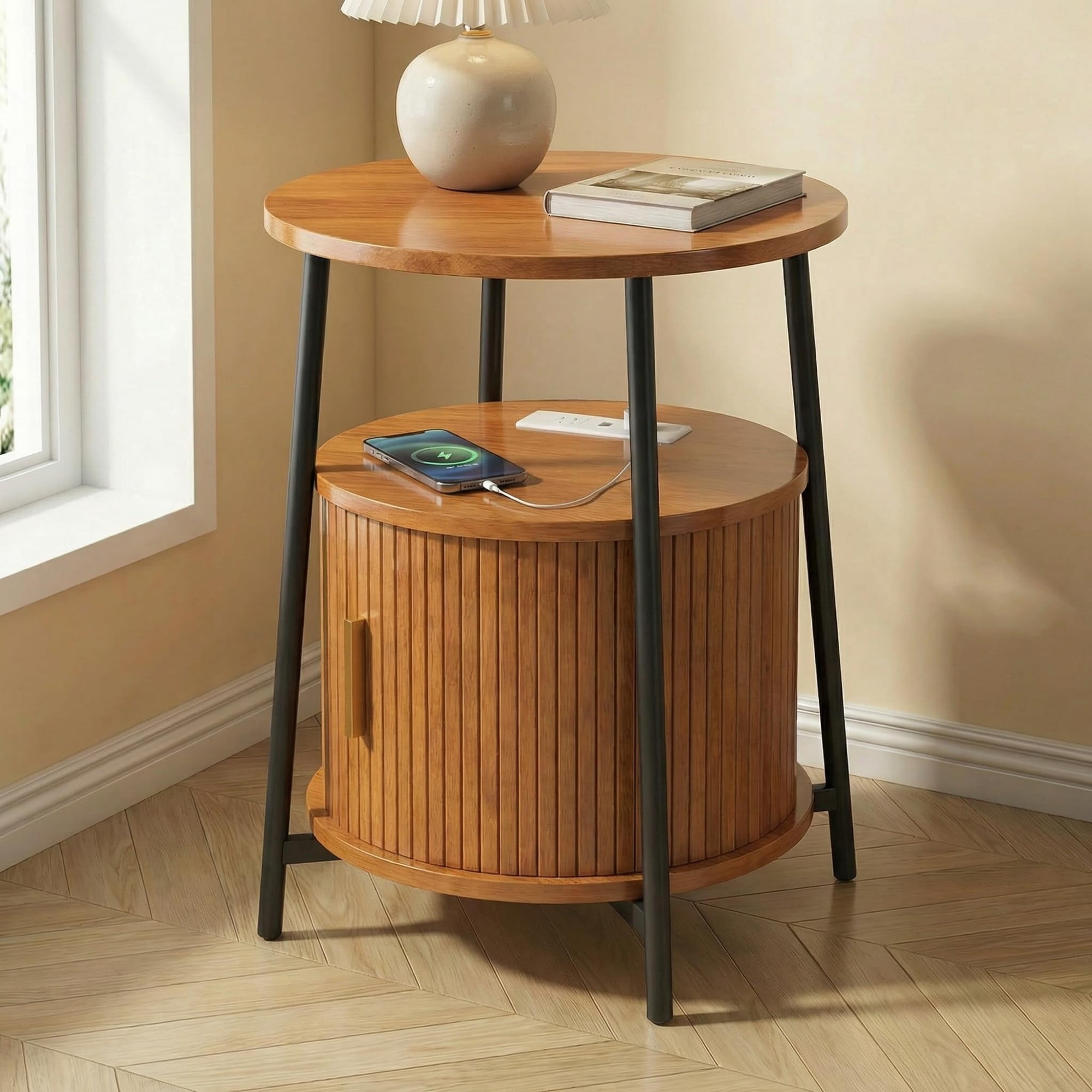 Round End Table with Charging Station, Fluted Side Table with Sliding Door, Mid Century Modern Nightstand for Bedroom & Living Room, Yellow