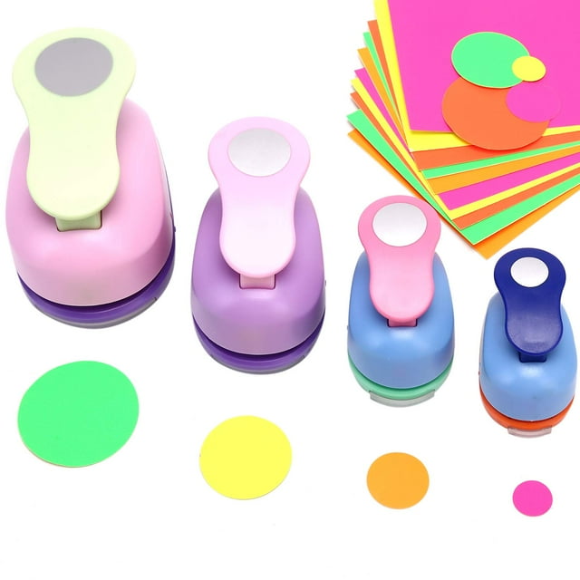 LinenLoon Ensemble de 4 Pcs Cirlce Punch 2 Pouces 1 Pouce 5/8 Pouce 3/2 Pouces - Perforatrices de Papier pour Scrapbooking. Perforatrices de Cercles avec 10 Pcs de Papiers Colorés. Perforatrices de Formes Rondes pour Fabrication de Cartes Albums DIY