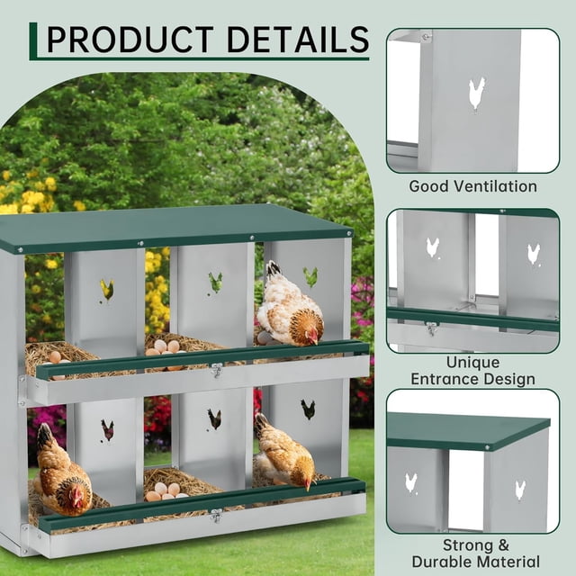 Royalbelle Green 4 Hole Chicken Nesting Box, Galvanized Steel Laying Box Wall-Mounted