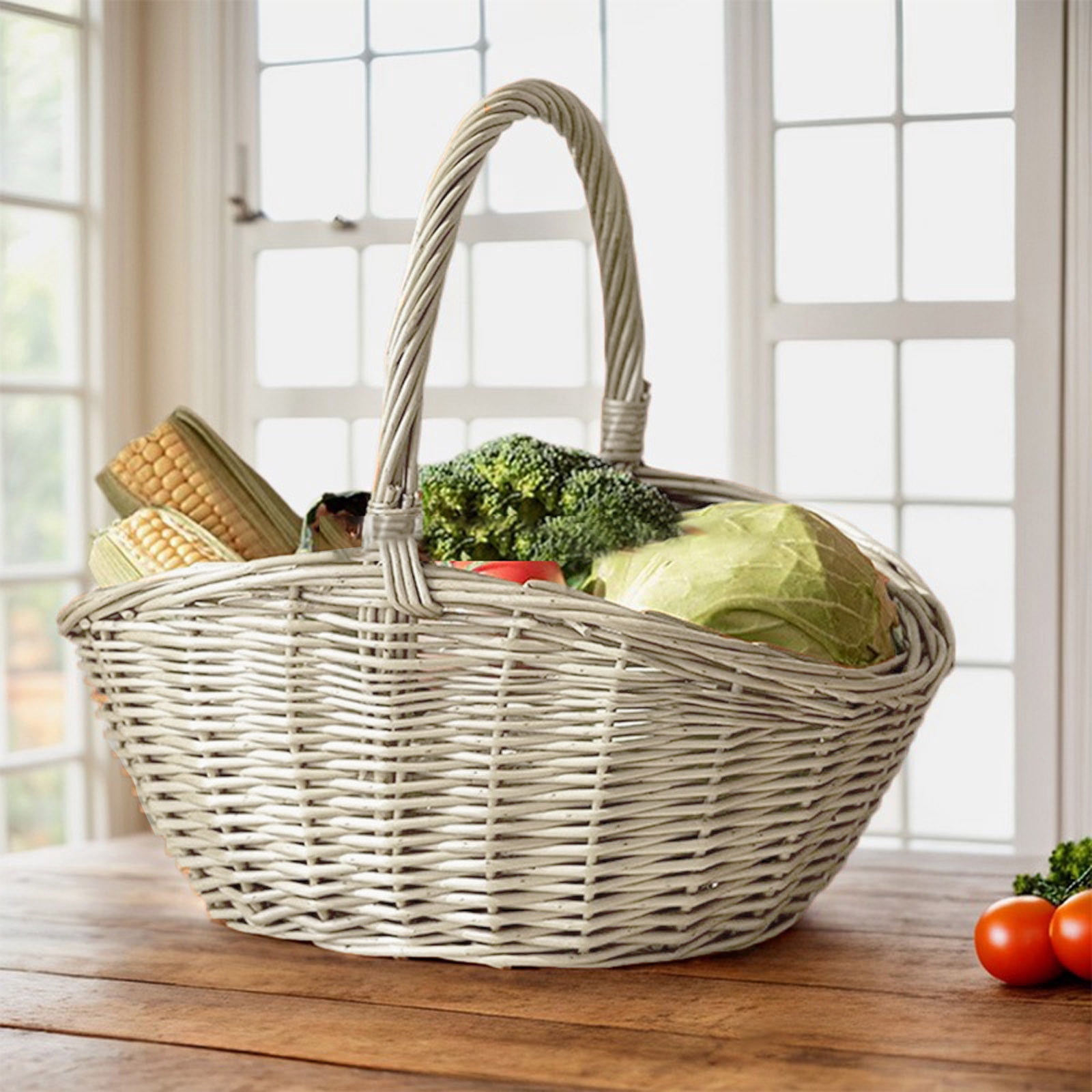 UJMNHYGT Handwoven Wicker Harvest Basket with Handle, 9.06x7.09x8.27 Inch Rattan Woven Storage Basket for Garden Fruit Vegetables Picnic Easter Organizing Flower Girl Gift Basket