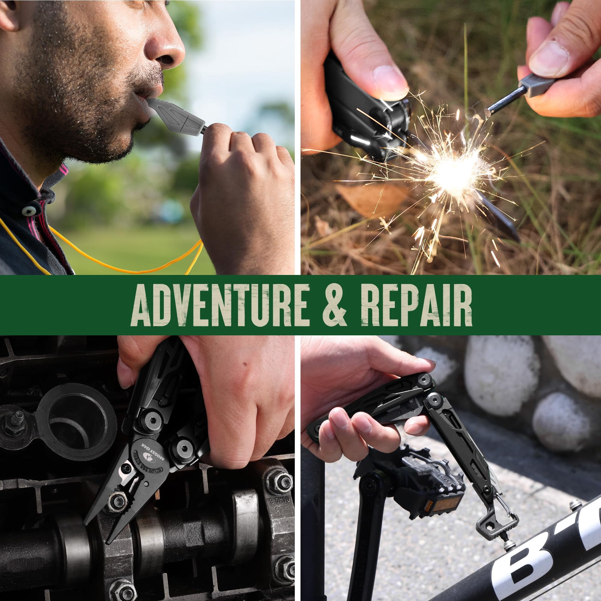 Mossy Oak Cnc-machined Multitool Pliers  27-in-1 Multi Tool With Pocket Fire Starter & Whistle Bottle Opener - Self-locking For Camping Hiking Black