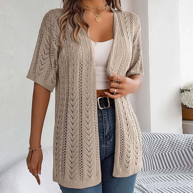 Women's Solid Color Summer Crochet Short Sleeve Knit Cardigan Lightweight Open Front Sun Cover Up Cardigan for Women Button up Sweater Cardigan Wrap Cardigan Drape Front Cardigan Cardigans for Women