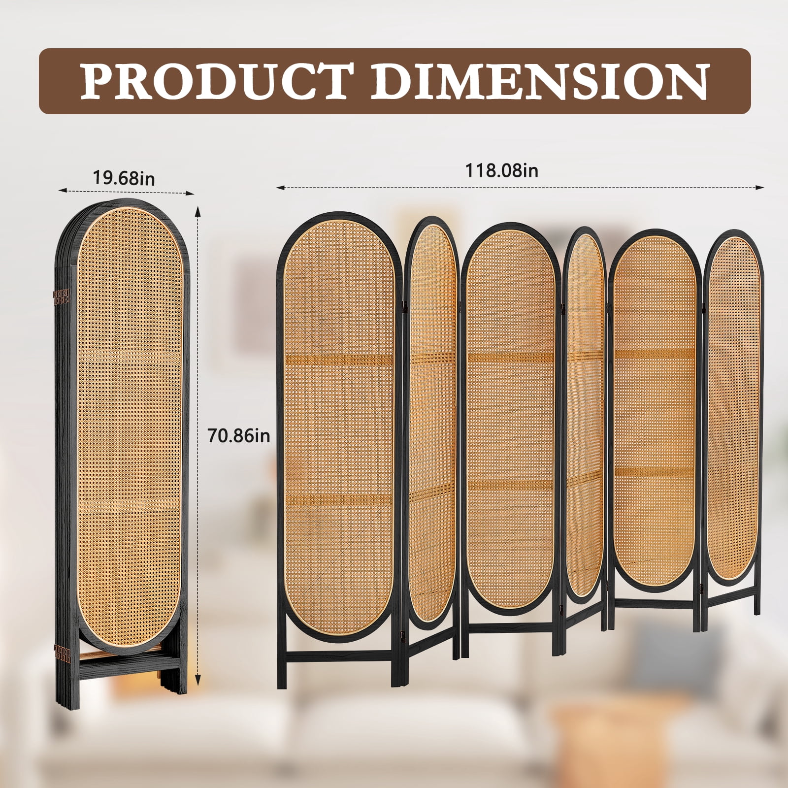 ALeesing 6 Panels Wood Rattan Room Divider, Folding Privacy Screens, No Installation, Light Brown